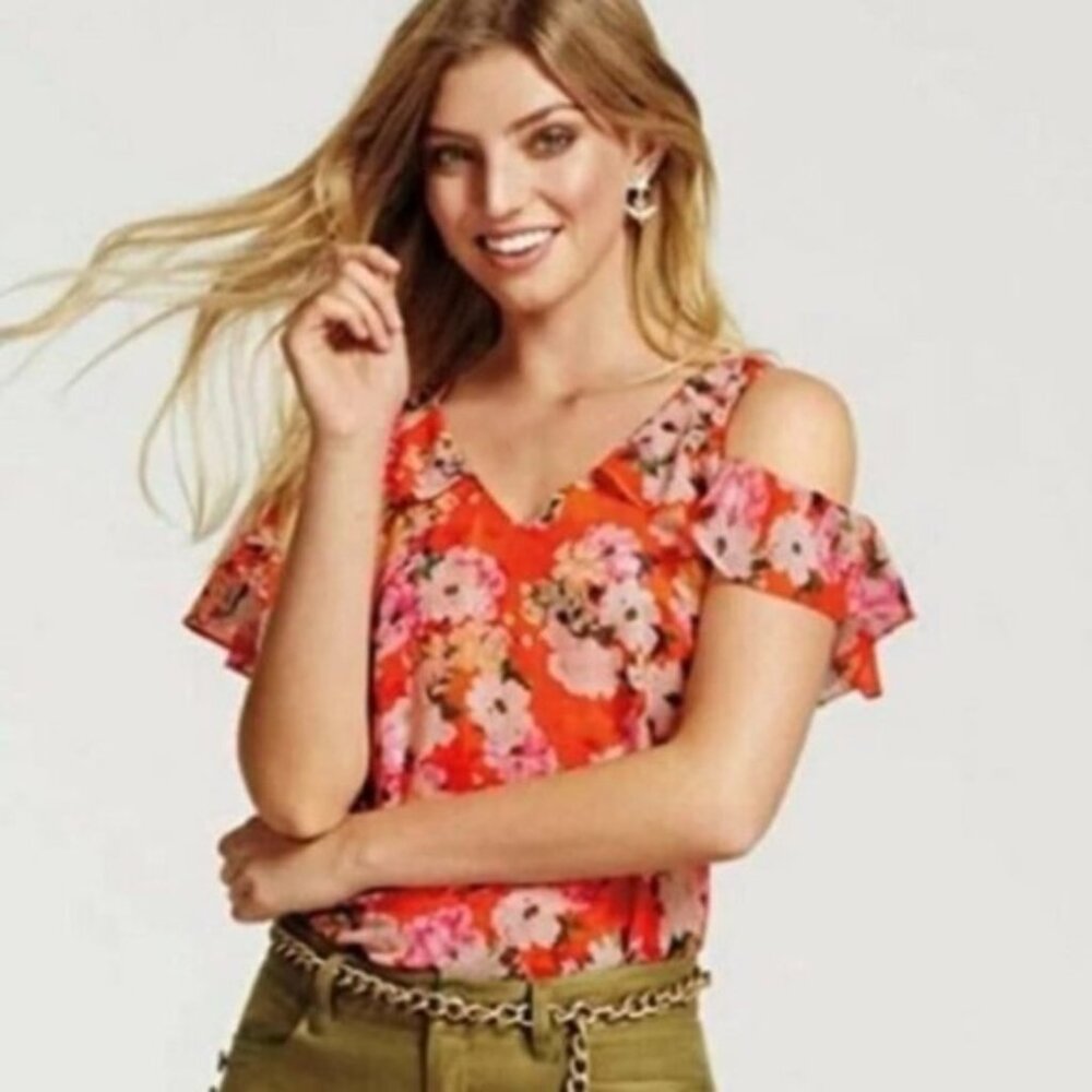 CAbi Pink Boho Floral Cold Shoulder Lush Blouse | Style 5352